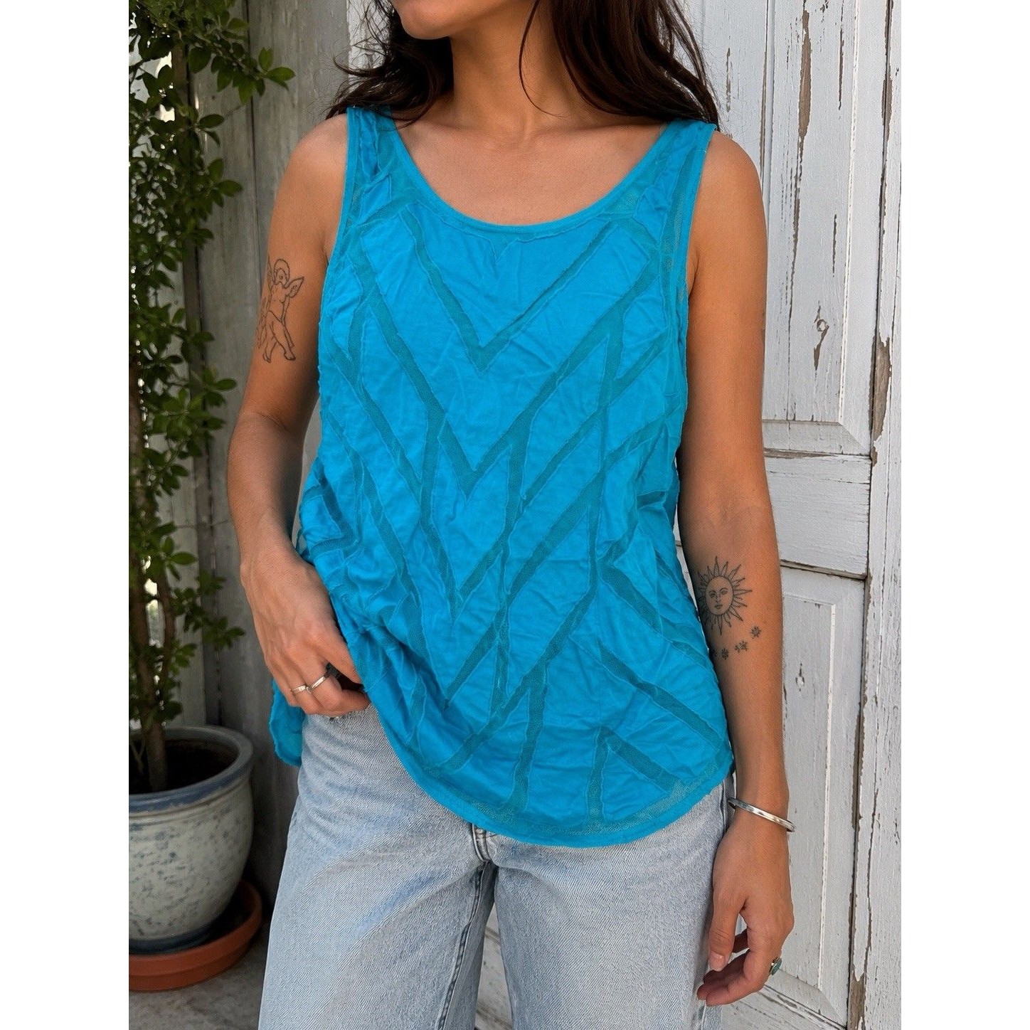 Free People Deconstructed Mesh Tank Top Blue Asymmetrical Raw Edge Boho Sz Small